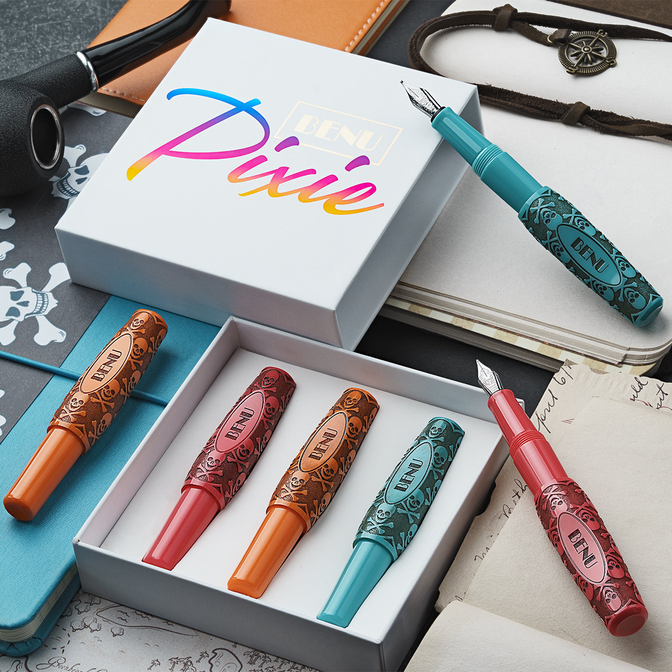 Benu Pixie Jolly Roger Vintage Set Of 3 Fountain Pens