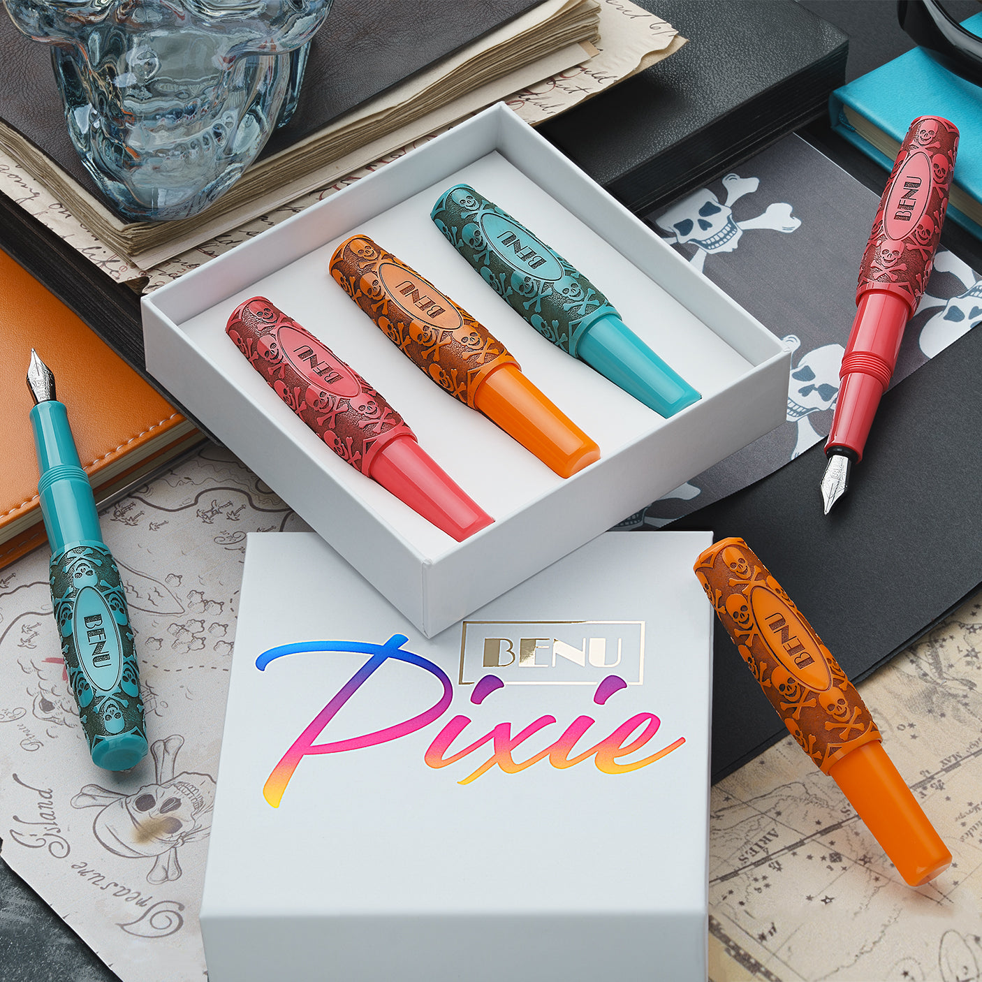 Benu Pixie Jolly Roger Vintage Set Of 3 Fountain Pens