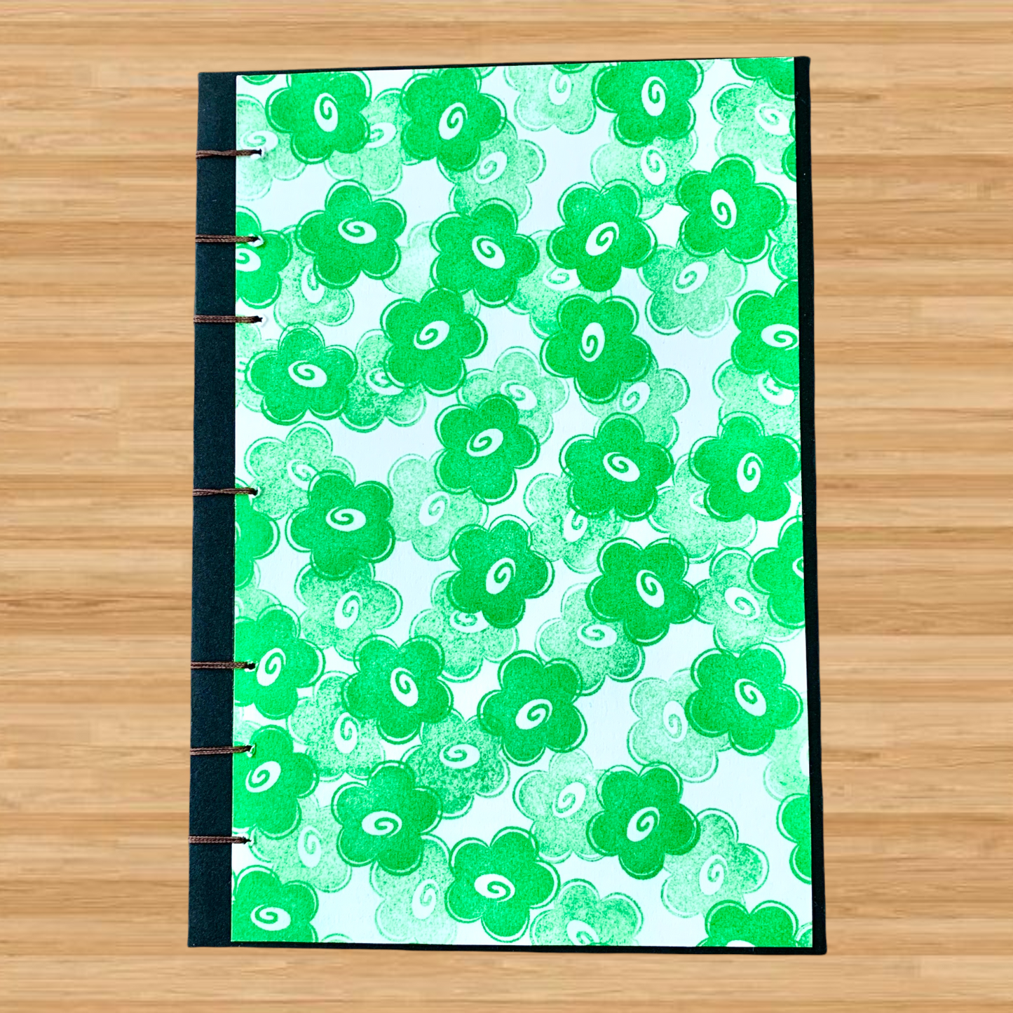 Green Flower - A6 - Dot Grid - Coptic Bound - Fountain Pen Notebook - Handmade Journal