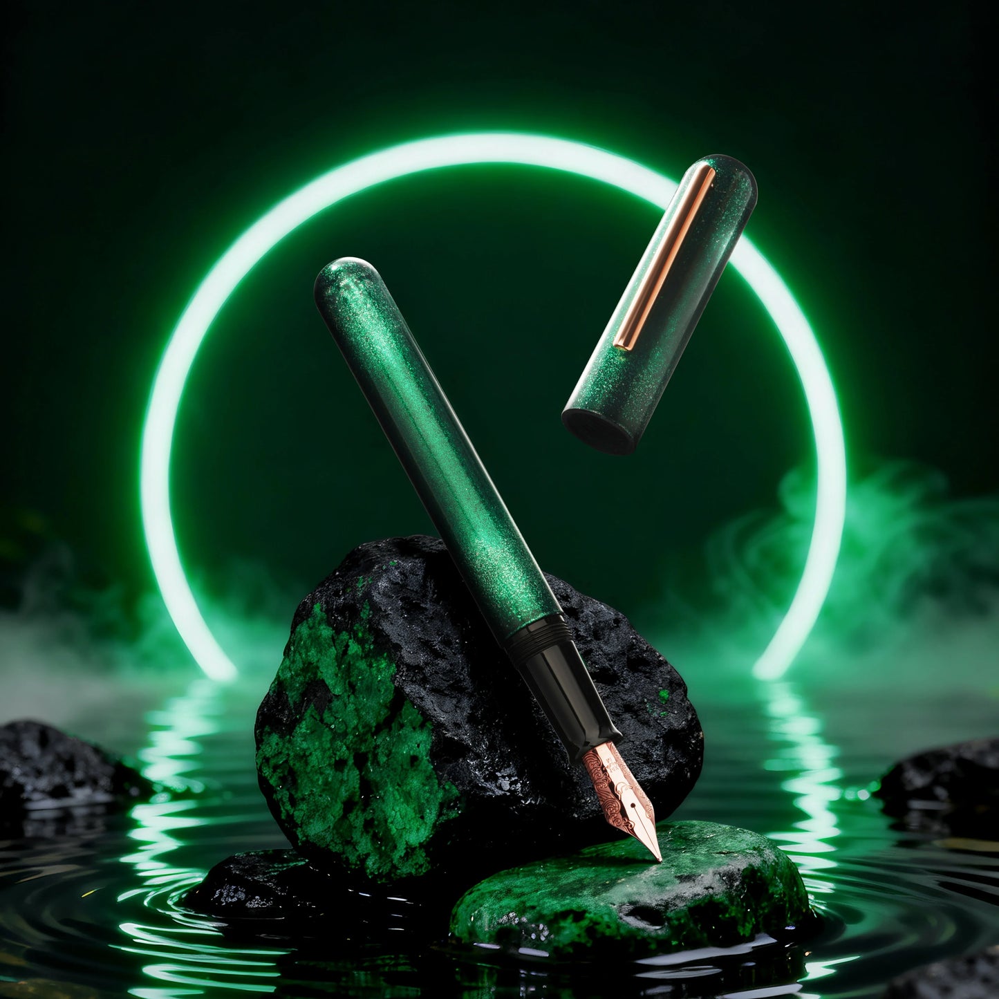 Nahvalur Ikkaku Green Moon Urushi Fountain Pen 14k Nib