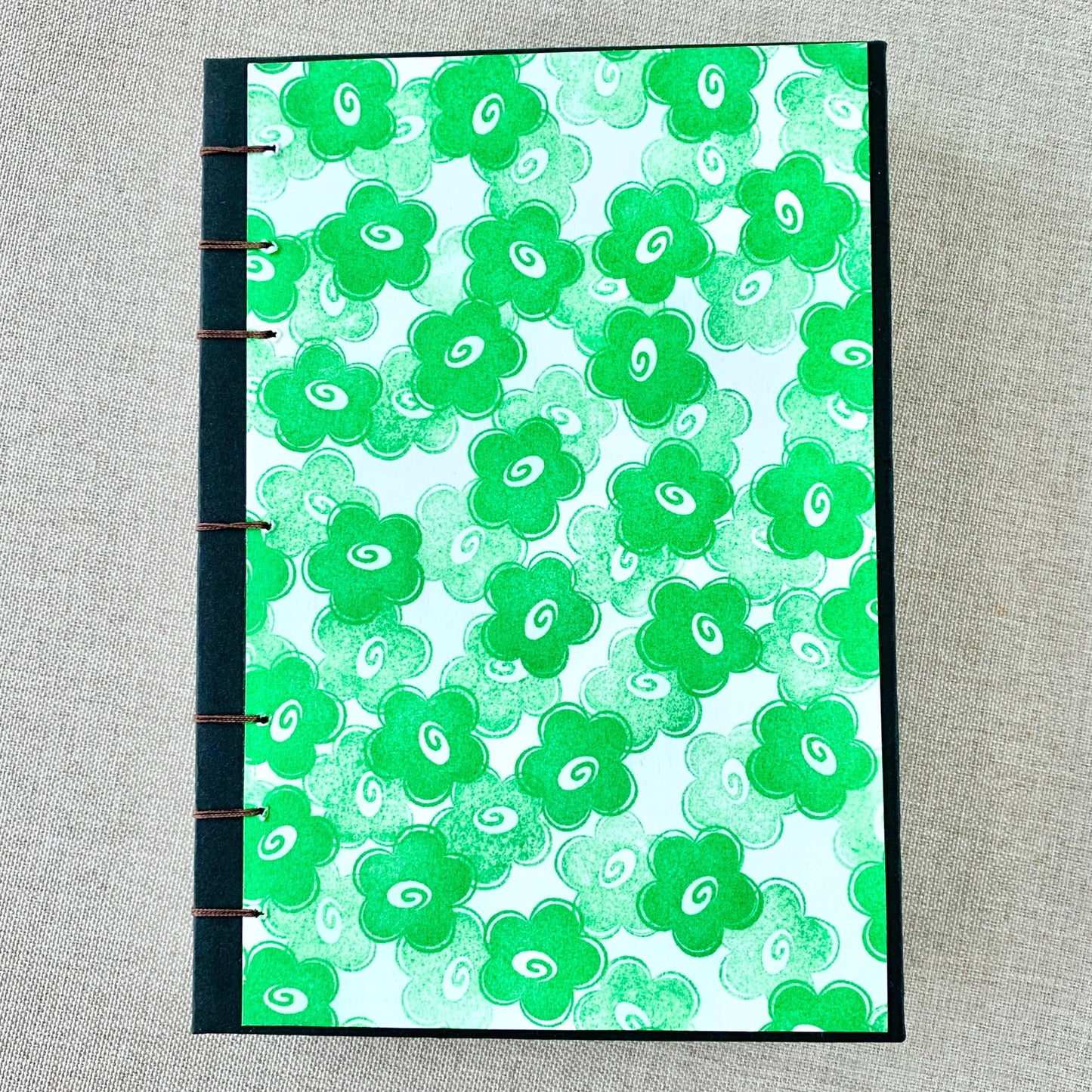 Green Flower - A6 - Dot Grid - Coptic Bound - Fountain Pen Notebook - Handmade Journal