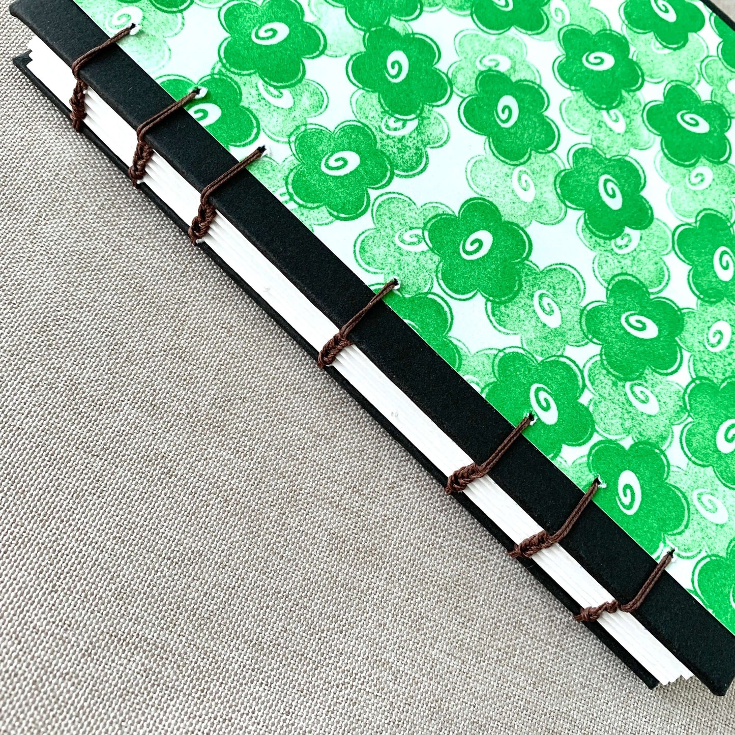 Green Flower - A6 - Dot Grid - Coptic Bound - Fountain Pen Notebook - Handmade Journal