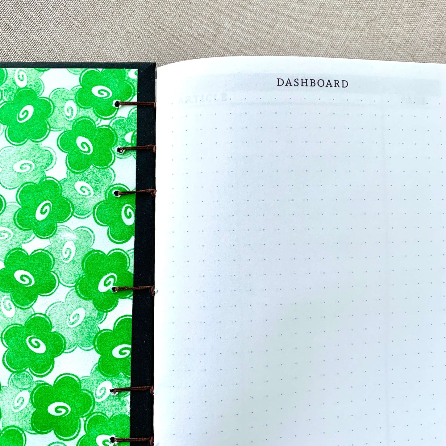 Green Flower - A6 - Dot Grid - Coptic Bound - Fountain Pen Notebook - Handmade Journal