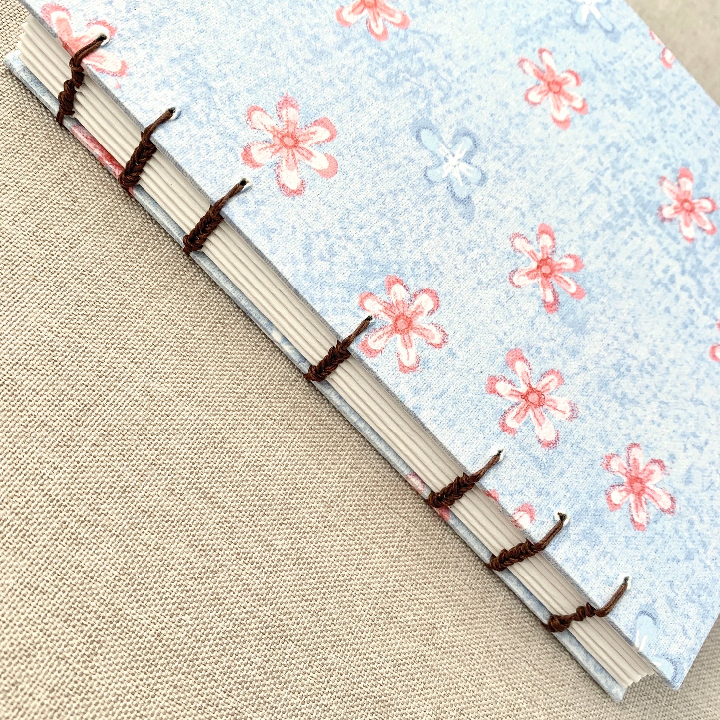 Denim Pink Flowers - A6 - Dot Grid - Coptic Bound - Fountain Pen Notebook - Handmade Journal