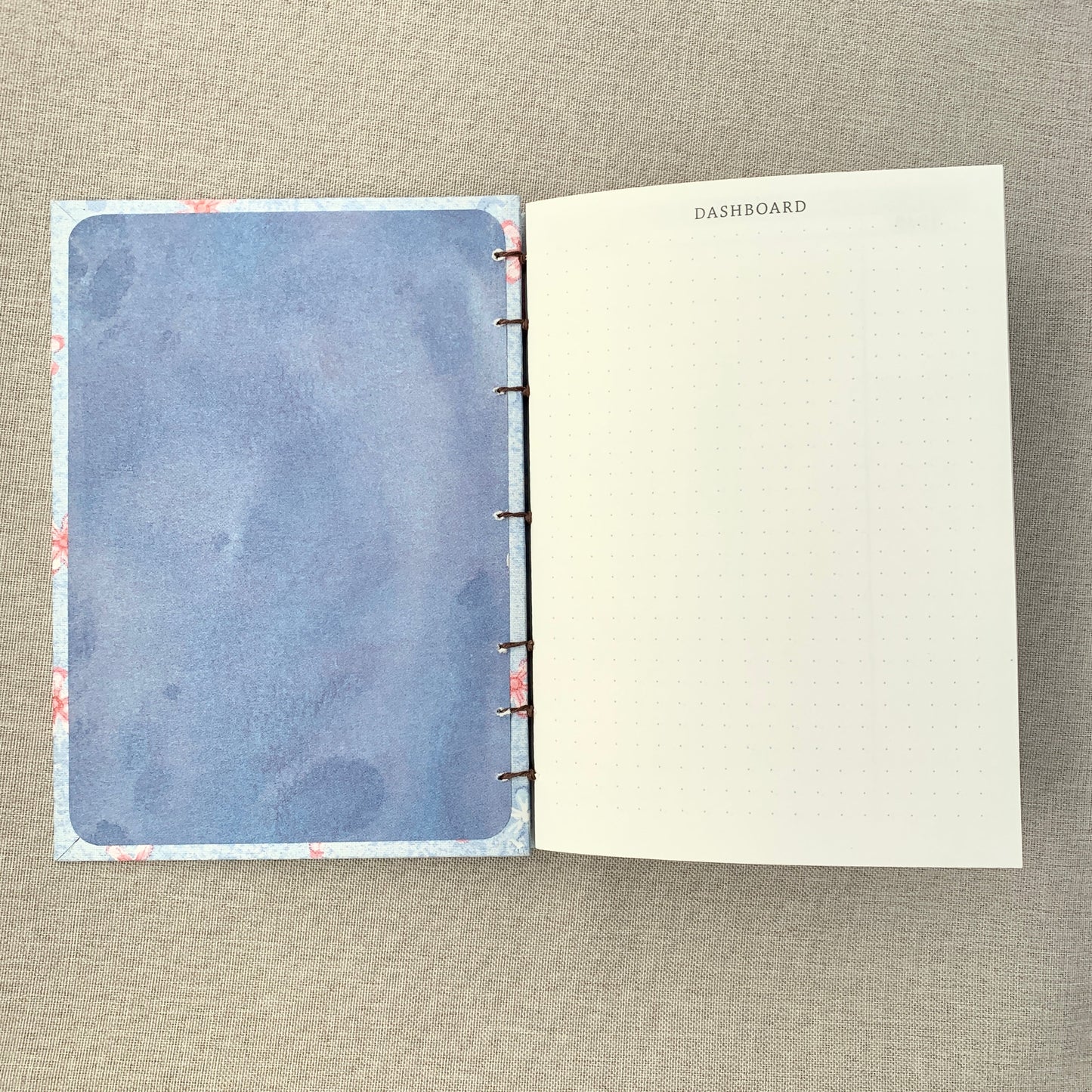 Denim Pink Flowers - A6 - Dot Grid - Coptic Bound - Fountain Pen Notebook - Handmade Journal