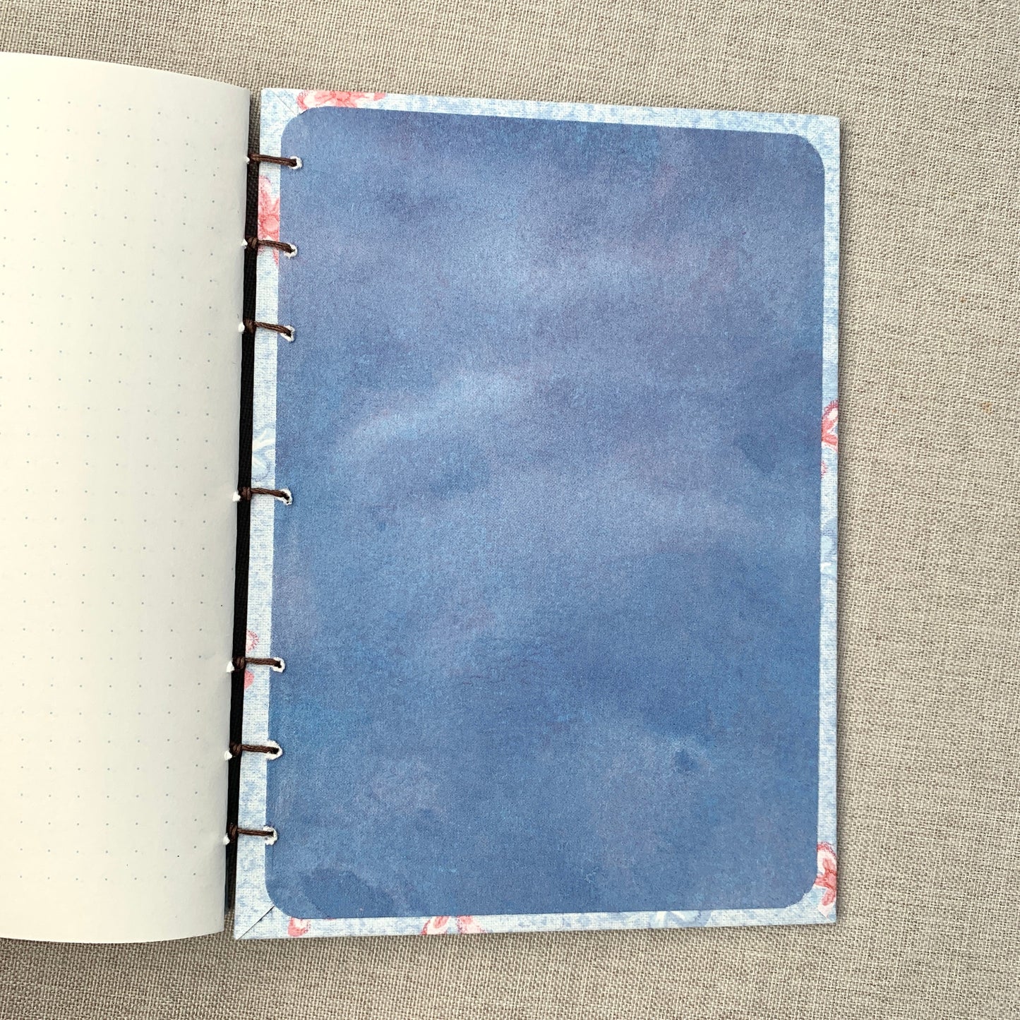 Denim Pink Flowers - A6 - Dot Grid - Coptic Bound - Fountain Pen Notebook - Handmade Journal