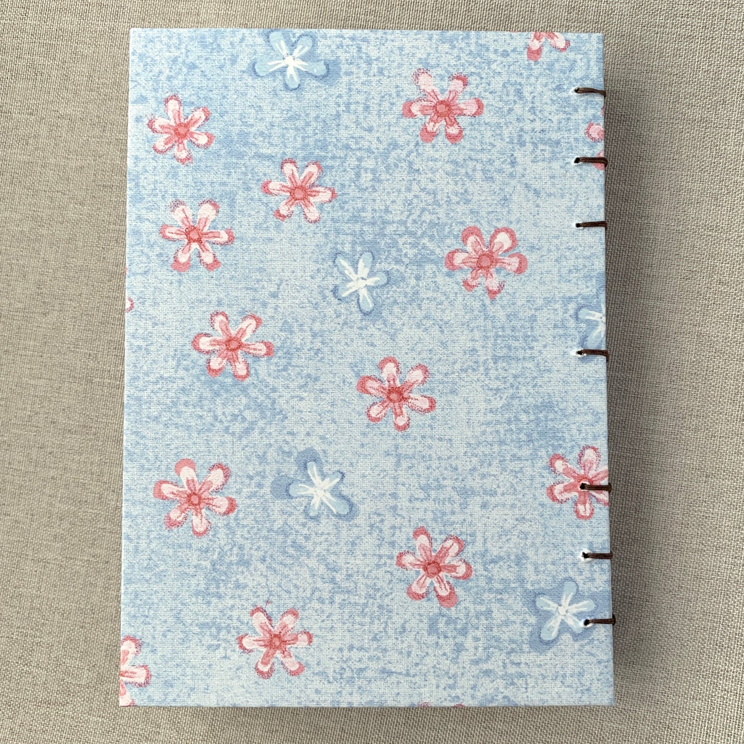 Denim Pink Flowers - A6 - Dot Grid - Coptic Bound - Fountain Pen Notebook - Handmade Journal