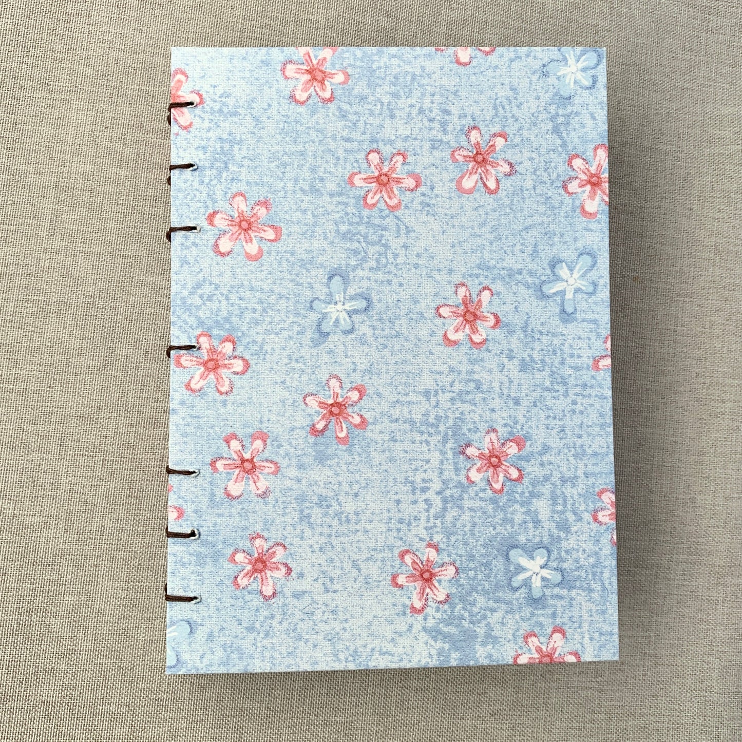 Denim Pink Flowers - A6 - Dot Grid - Coptic Bound - Fountain Pen Notebook - Handmade Journal