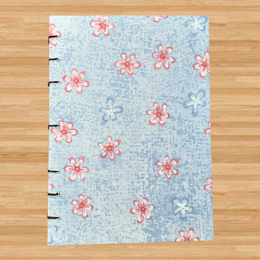 Denim Pink Flowers - A6 - Dot Grid - Coptic Bound - Fountain Pen Notebook - Handmade Journal