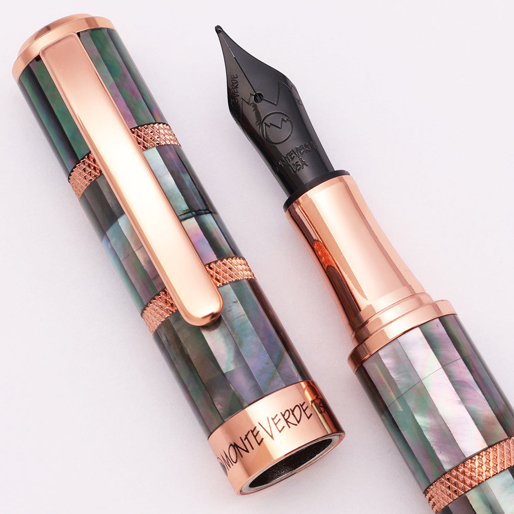 Monteverde Regatta Mother Of Pearl Rose Gold Trim Fountain Pen Black Steel Omniflex Nib